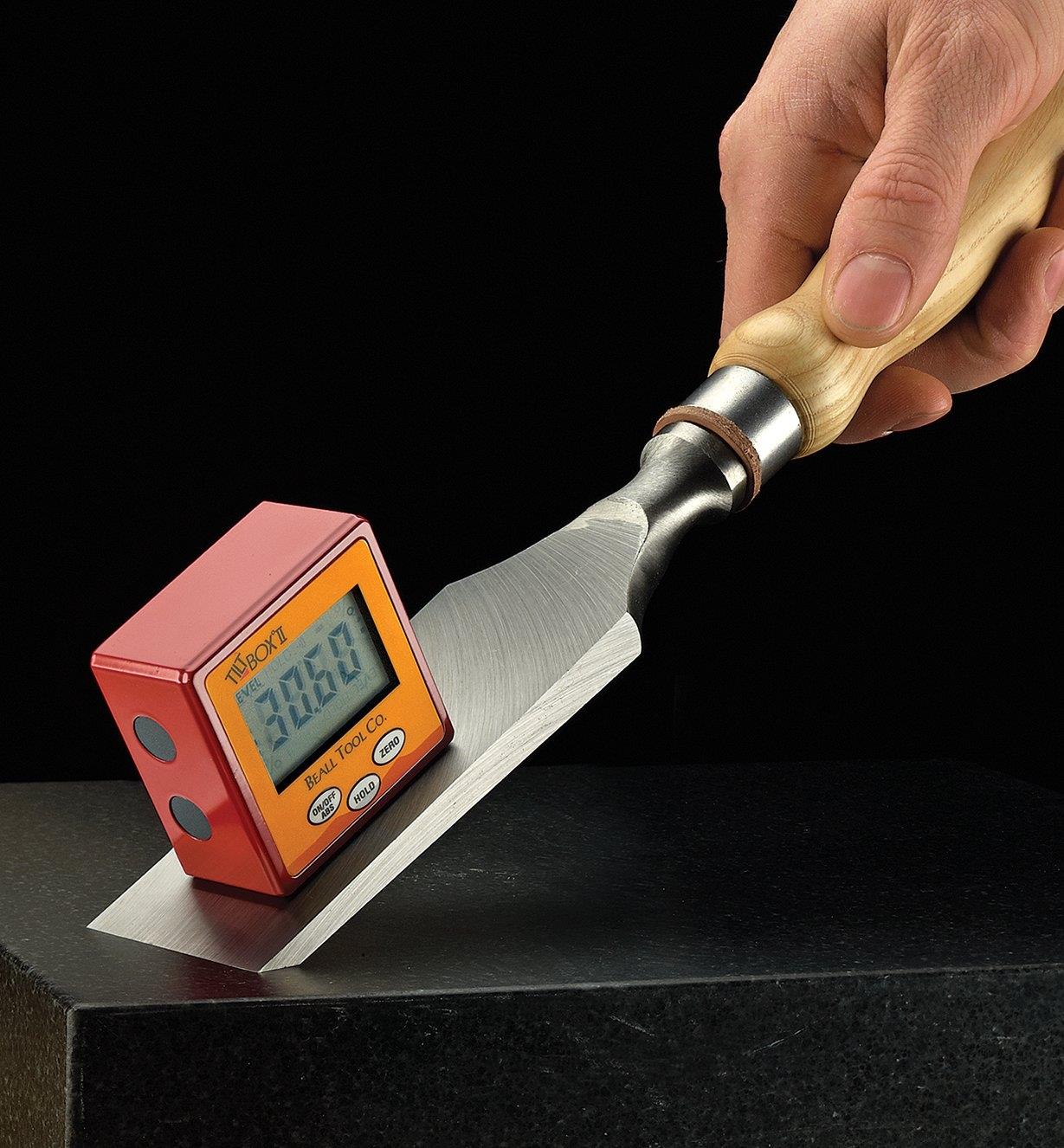 Tilt Box II Digital Inclinometer secured to a chisel blade
