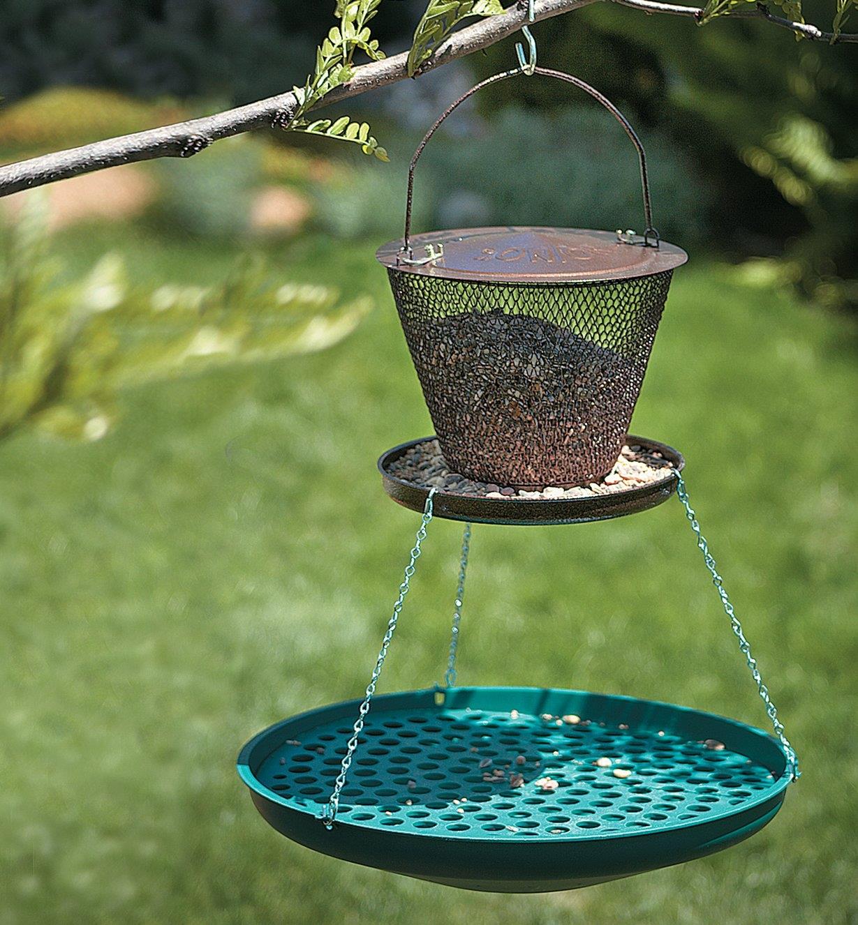 Seed Saucer hanging under a collapsible bird feeder