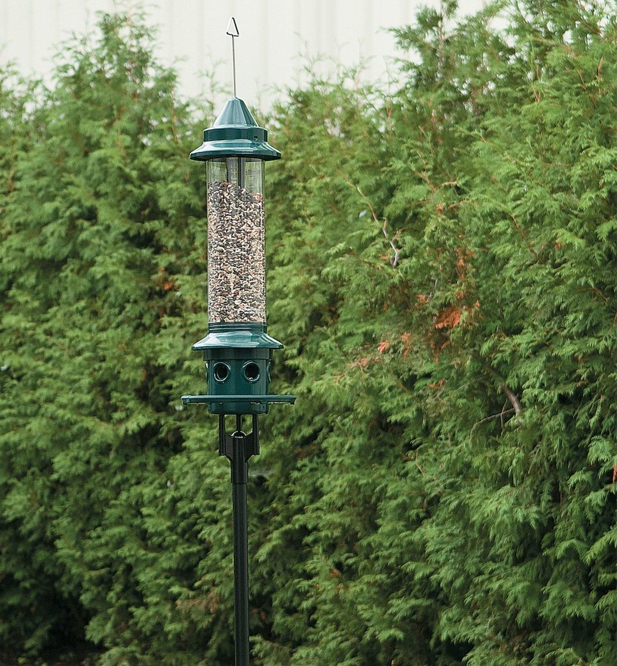 Pole adapter installed on a pole in a garden, supporting a Squirrel Buster feeder