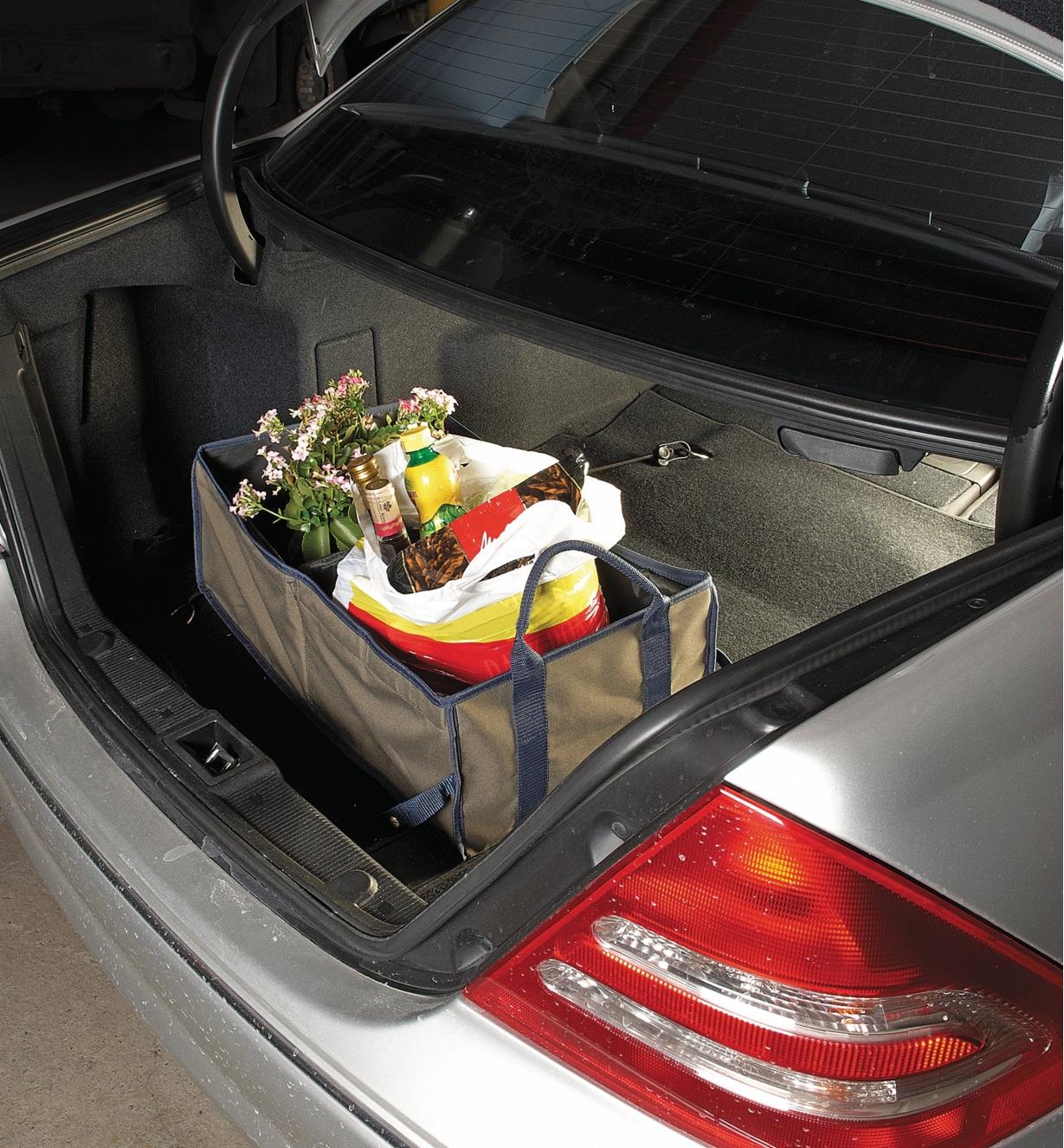 Small Trunk Organizer filled with purchases in a car trunk