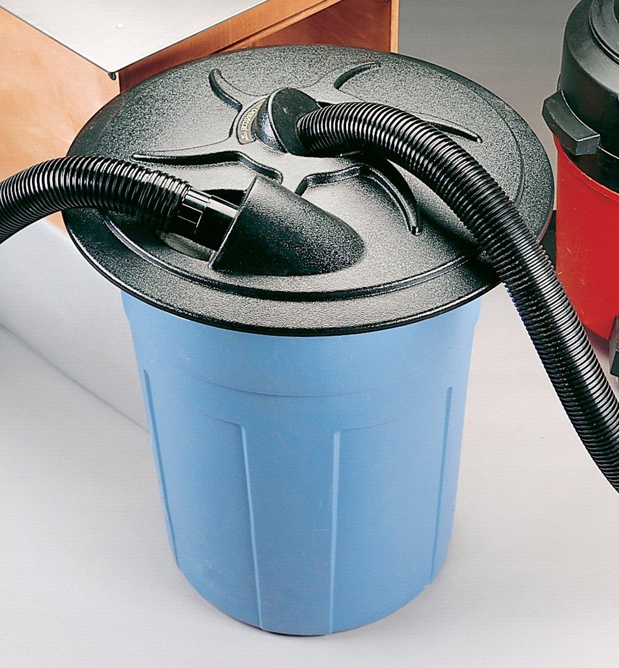 Veritas Cyclone Lid with hoses connected installed on a trashcan