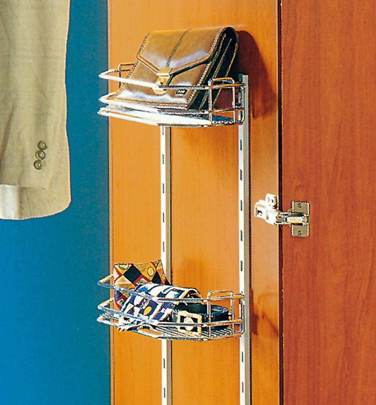 Wire Shelf System mounted inside a wardrobe door, holding a purse, belt and ties