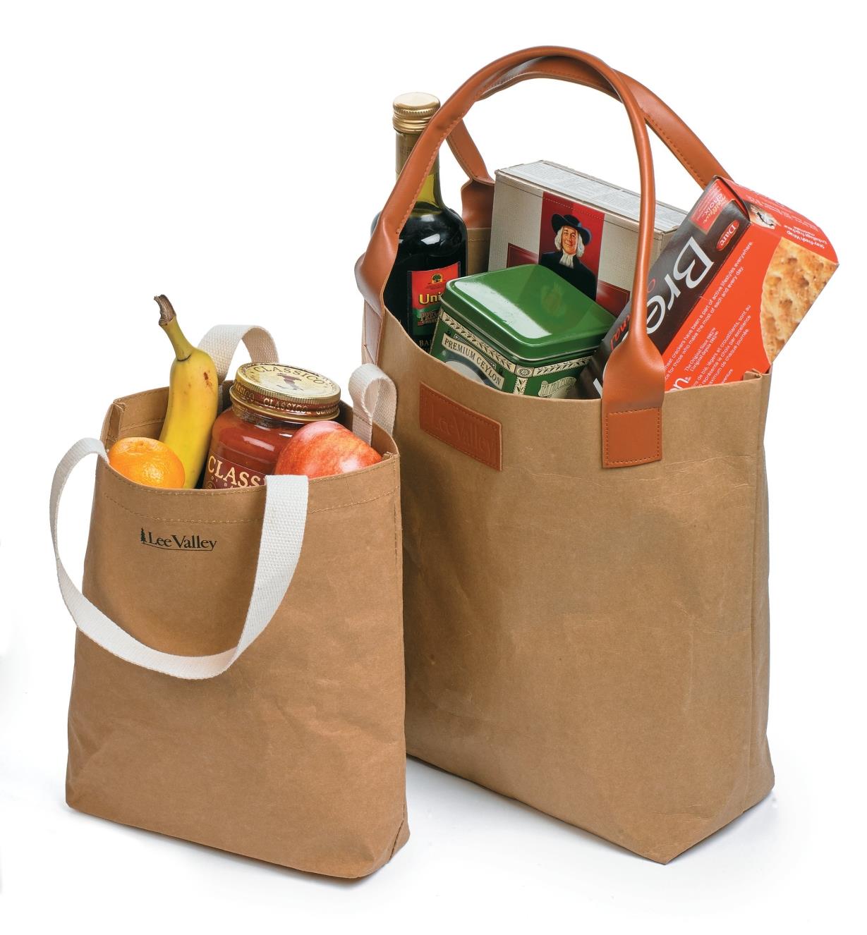 Two Tree Leather Tote Bags filled with groceries