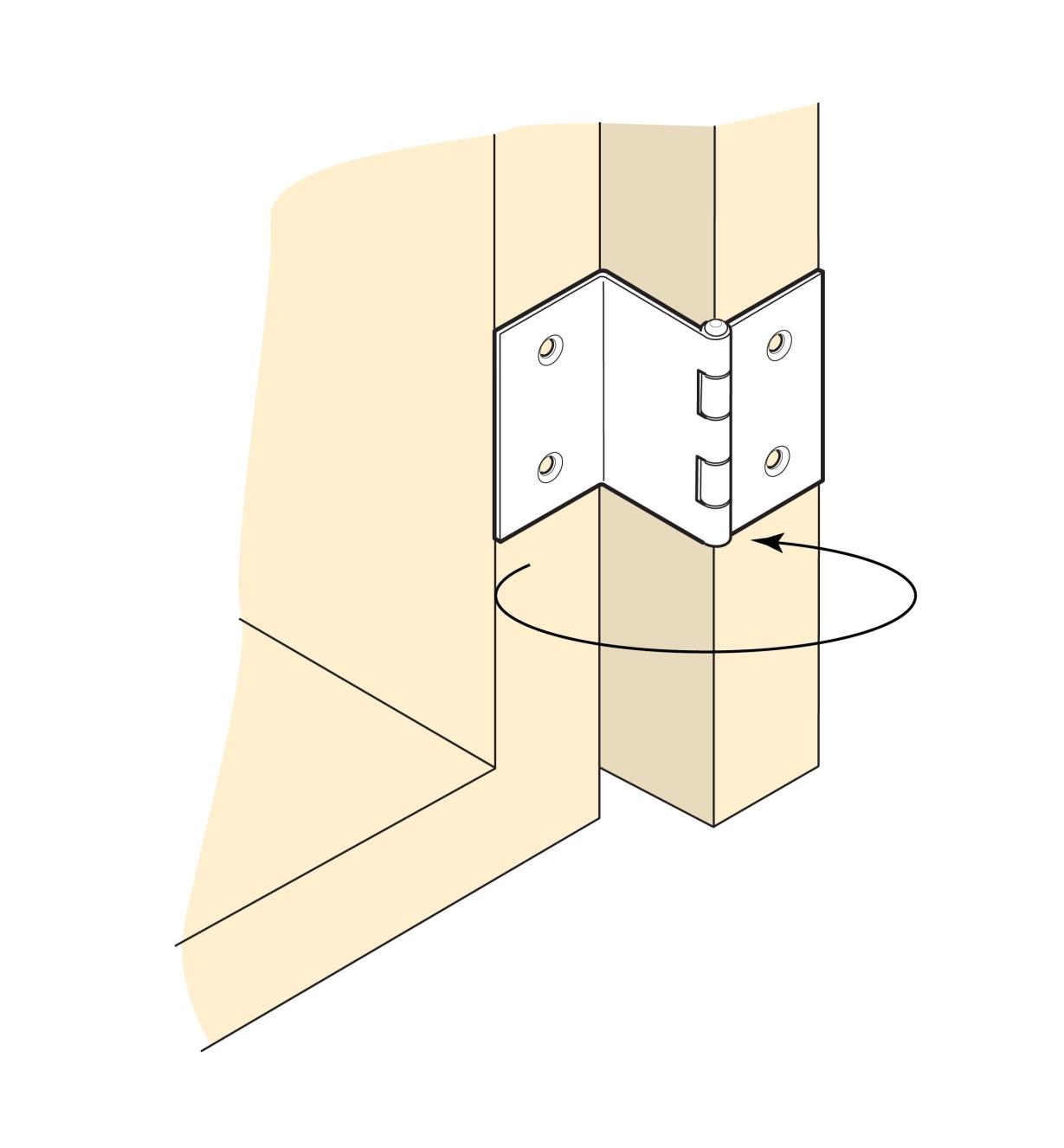 Illustration of hinge mounted on a cabinet with the door fully open