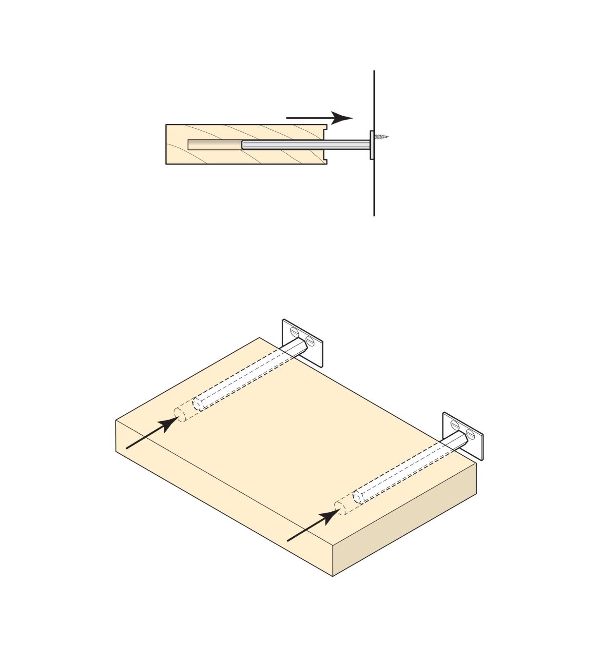 Illustrations shows how shelf support posts slip into holes drilled in a shelf