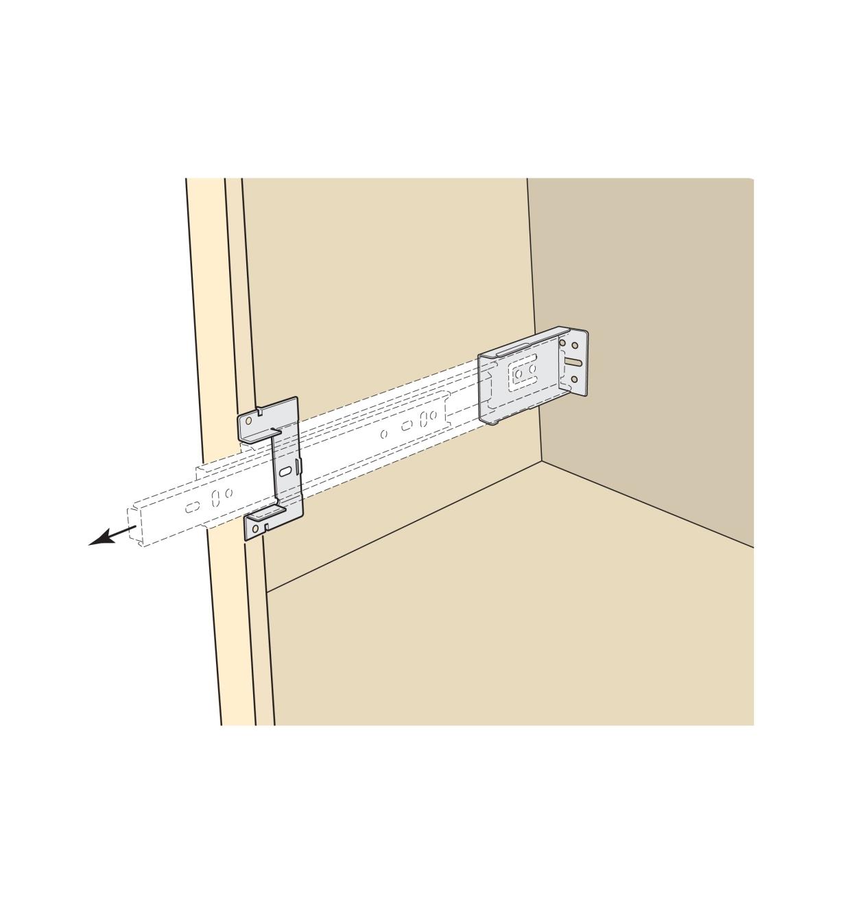 Illustration of brackets used to attach a slide to a cabinet wall