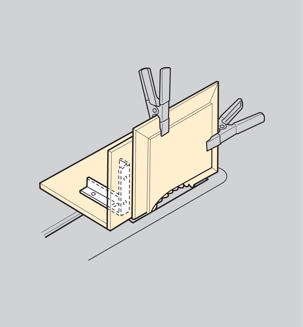 Illustration of assembly braces used to build a jig for a table saw
