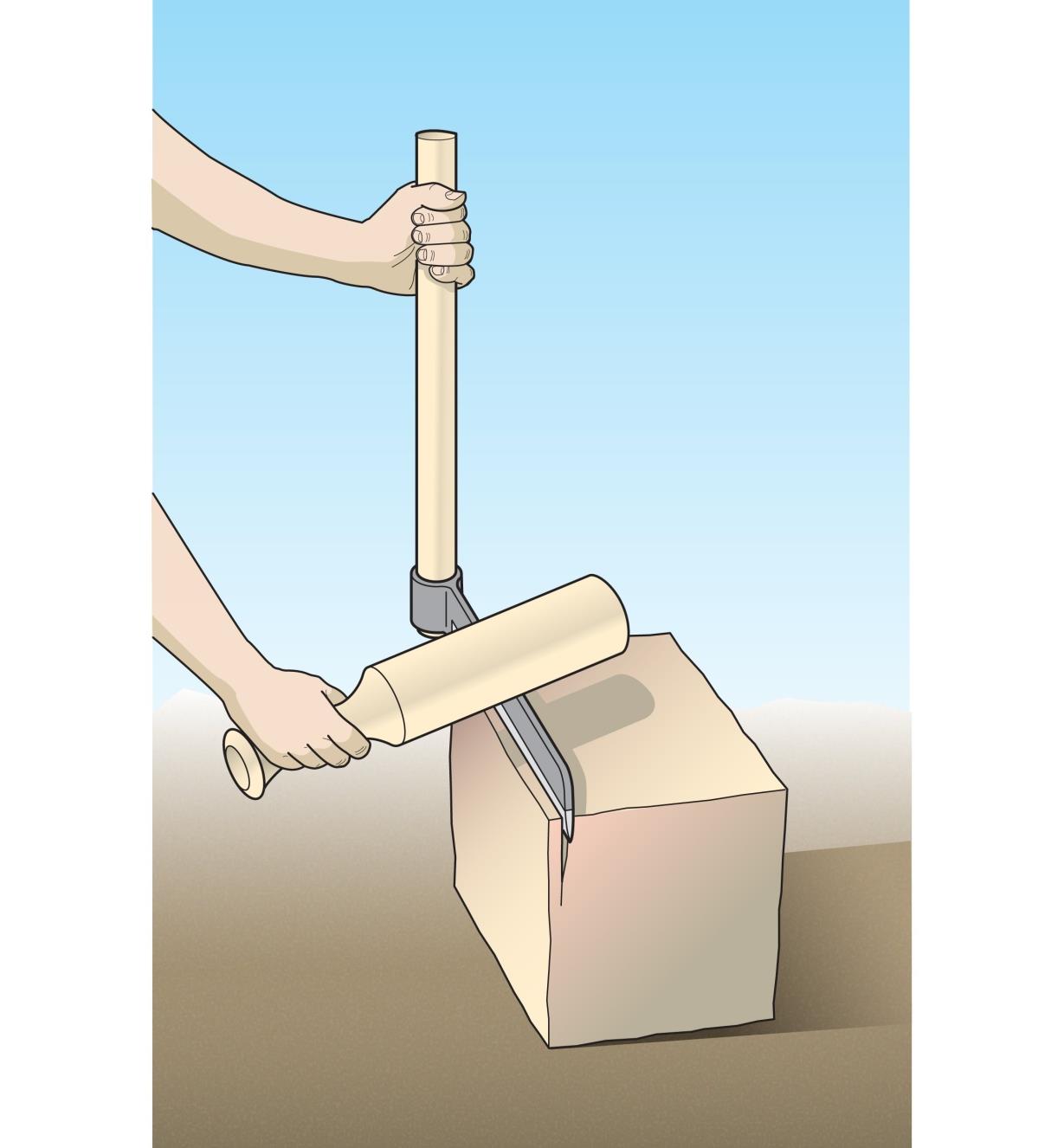 Illustration of shingle and riving froe used with a froe mallet to split a block of wood