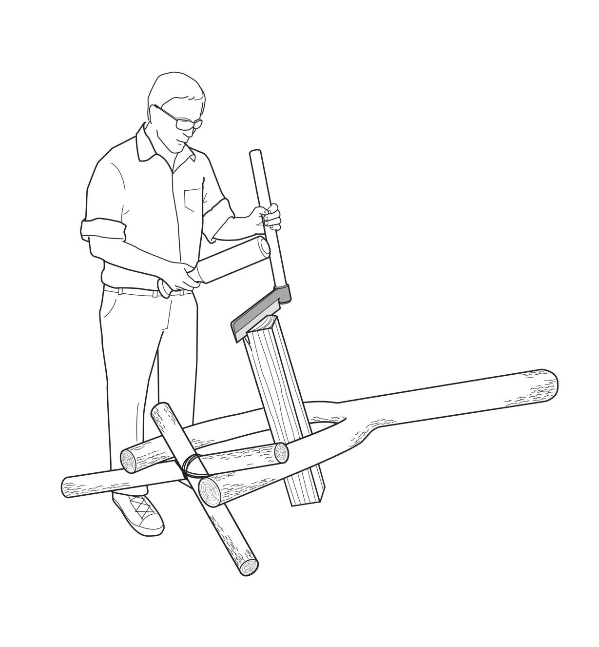Illustration of a man riving a block of wood that is held in a user-made support