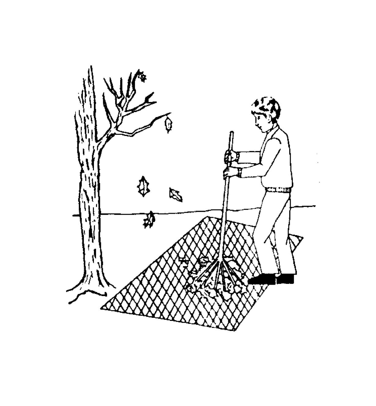 Illustration d'un homme râtelant des feuilles par-dessus un filet de jardin