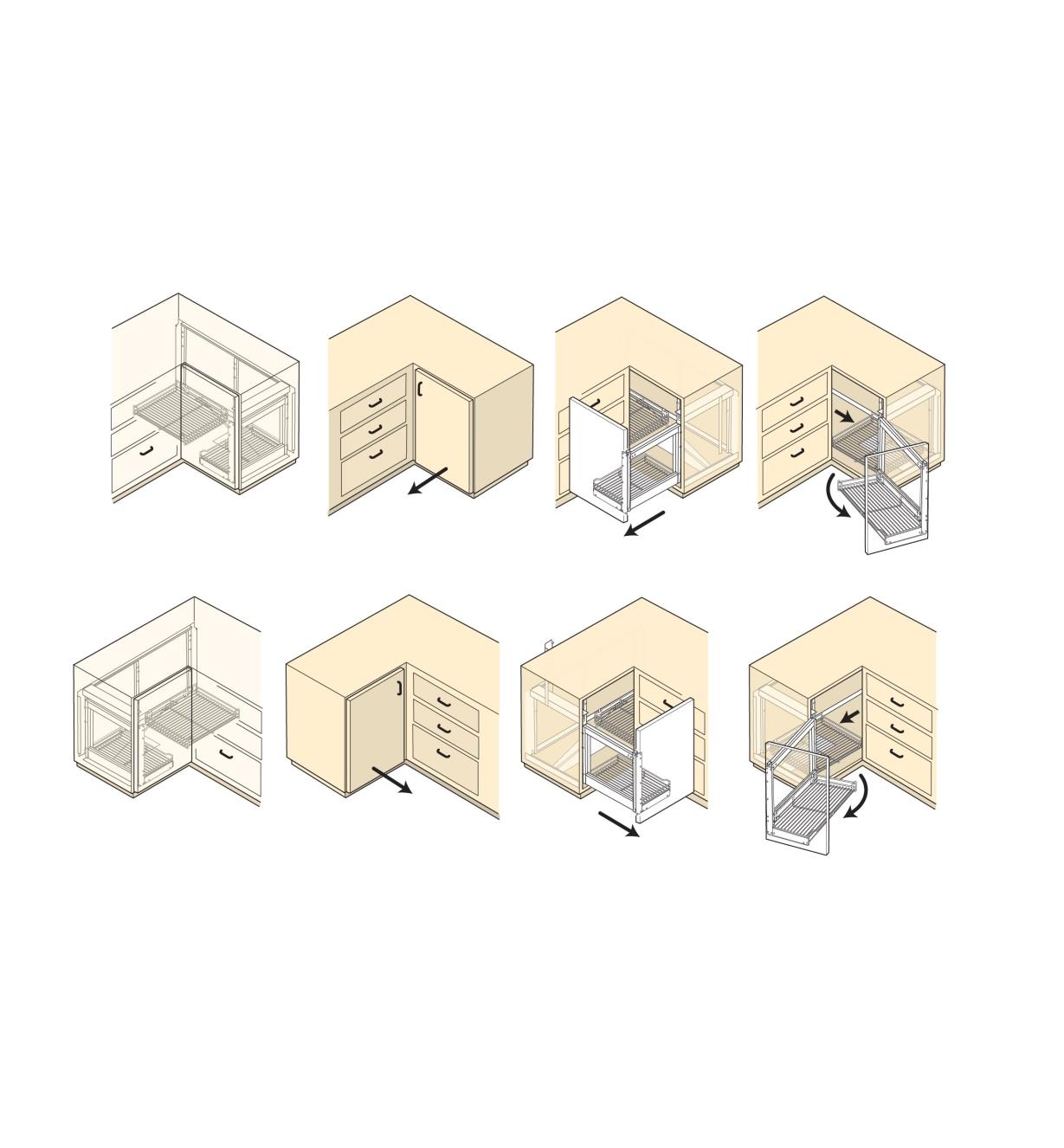 Illustrations show how installed unit pulls out and swings to the side