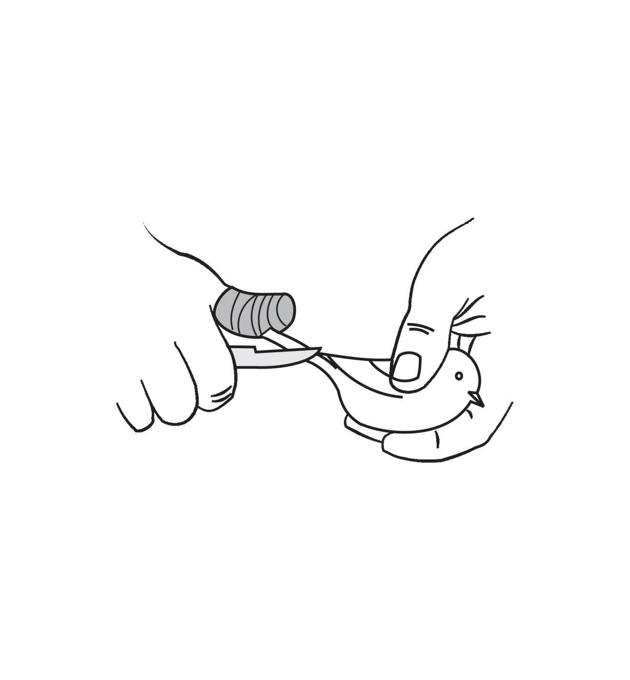 Illustration of a person with high-friction guard tape on their thumb carving a wooden bird