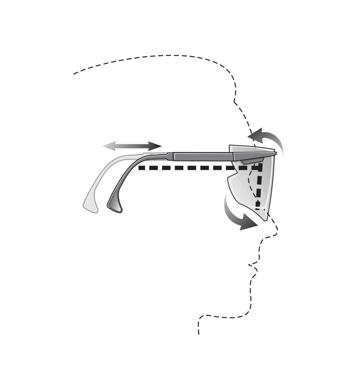 An illustration showing how the arms and lens pitch adjust on the overglasses