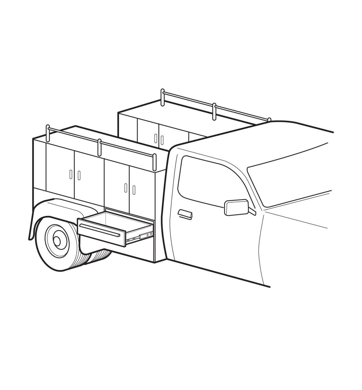 Dessin d'un coffre de camion avec un tiroir ouvert monté sur des coulisses ultrarobustes