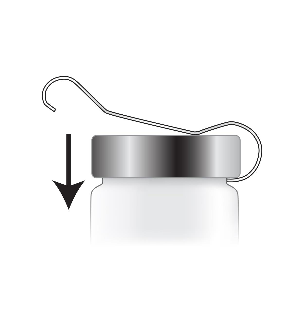Illustration shows how to hook the opener onto the jar and press down