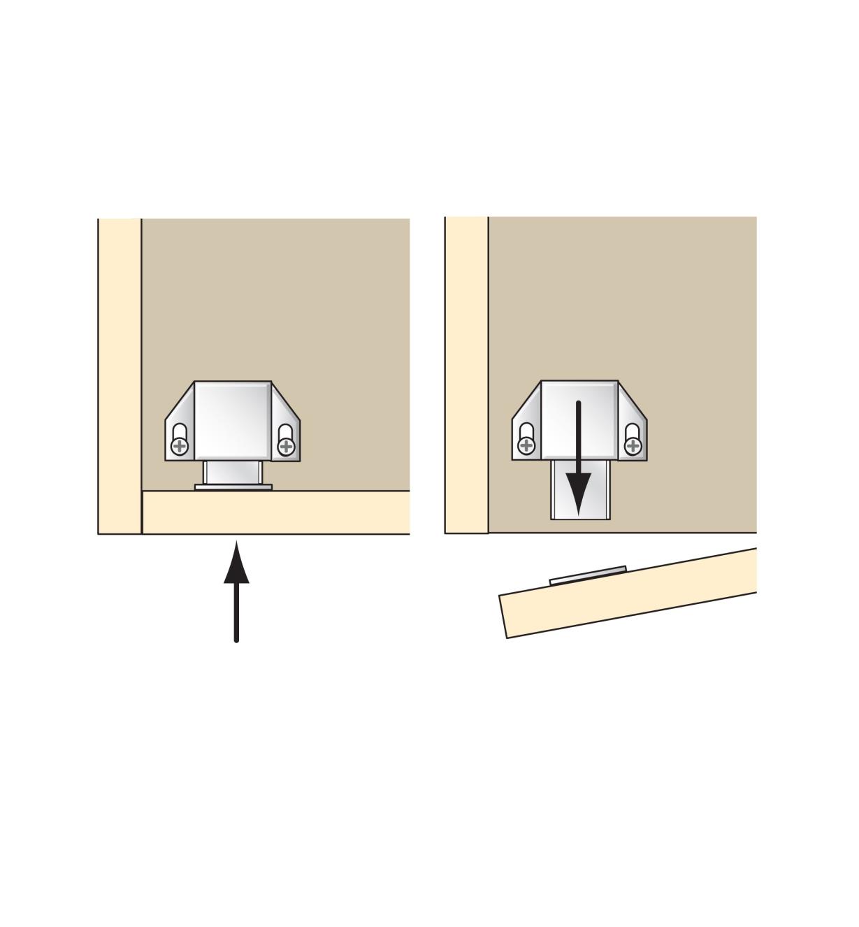 Illustrations of single latch in closed and open positions
