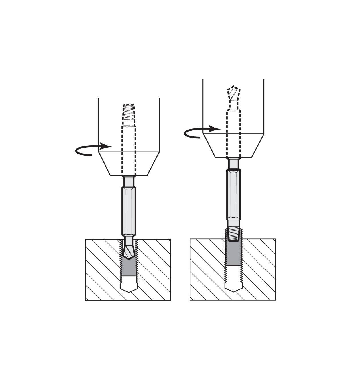 Cutaway illustrations showing how the product extracts a bolt or screw