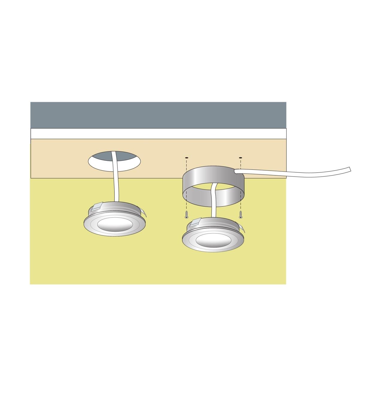 Illustration of LED Downlights being installed in inset and surface-mount applications