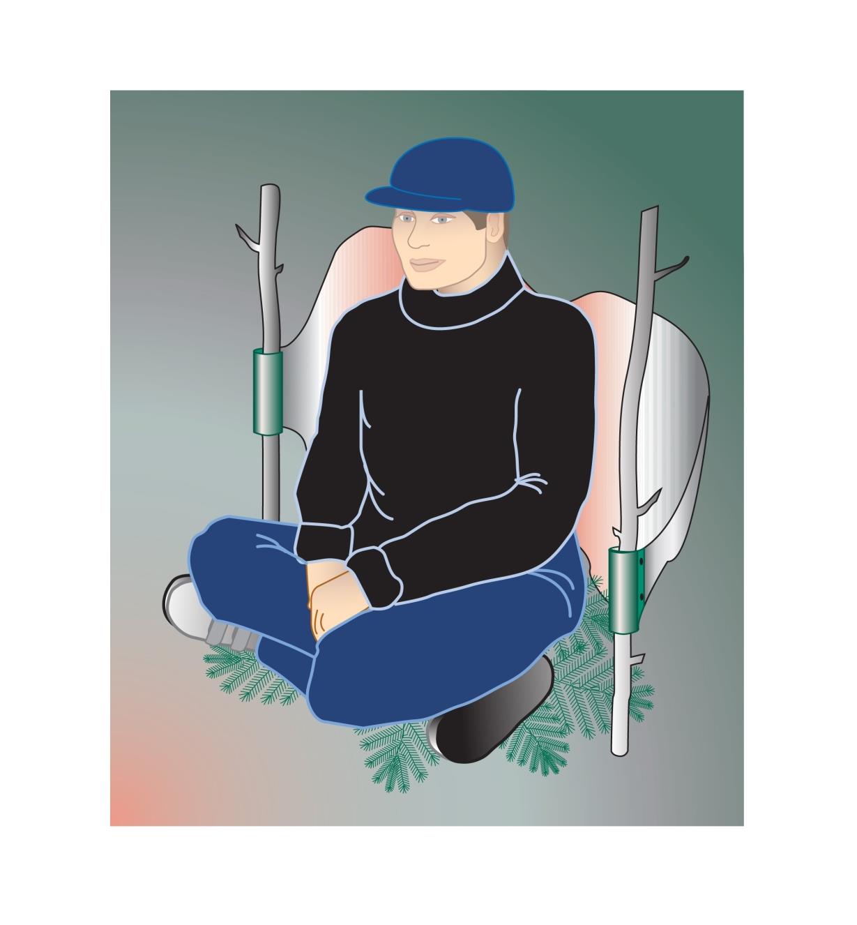 Illustration of a man using the Campfire Back Warmer held between two sticks