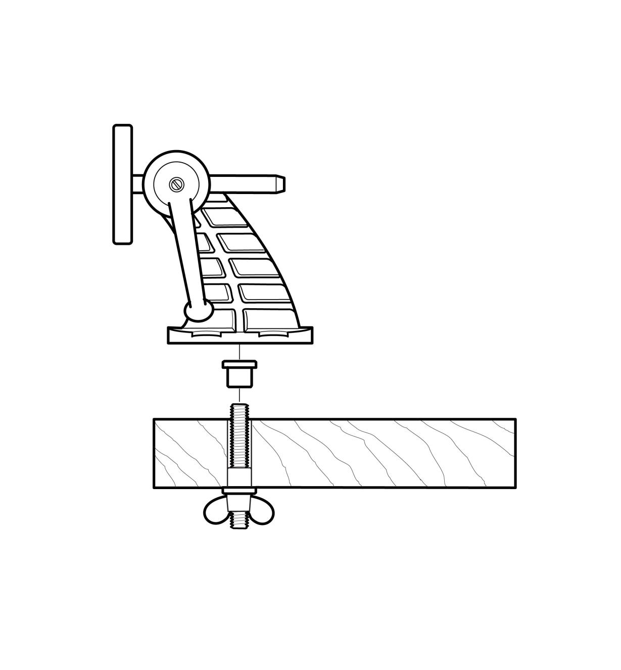 Illustration showing how to bolt the vise to a bench through a dog hole with the mounting plate vertical