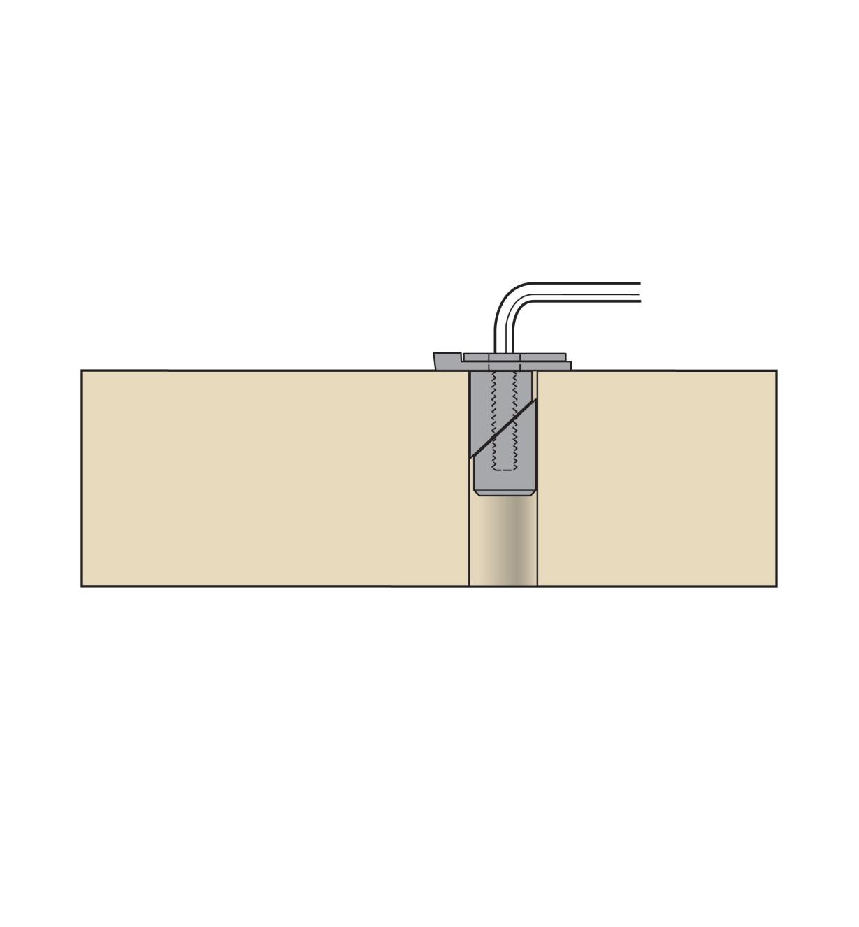 Cutaway illustration of Bench Blade with Wedge-Lock Post installed in a through-hole