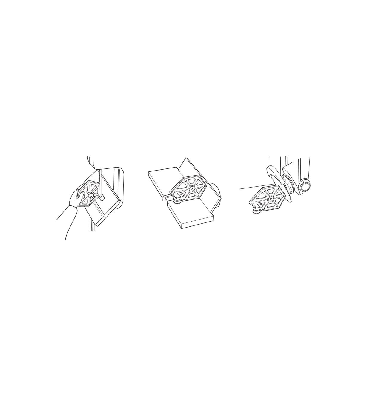 Illustration montrant l'utilisation du gabarit polyvalent pour régler une scie à ruban, une dégauchisseuse et une scie radiale.