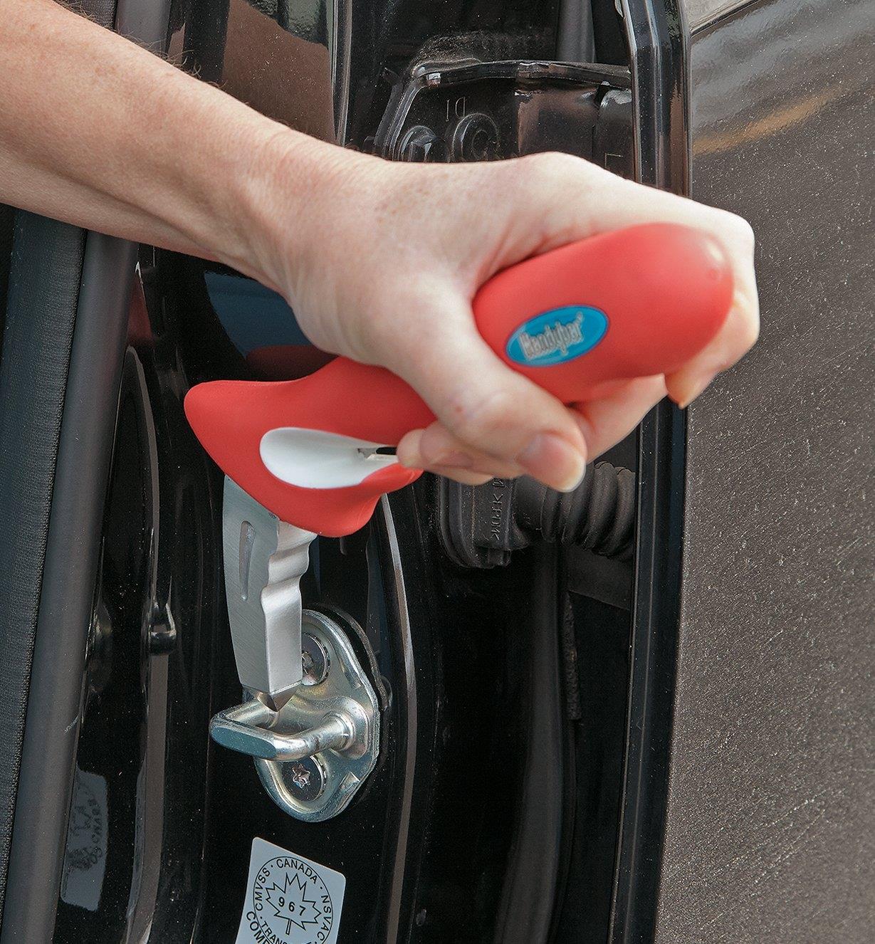 Handybar fits into the U-shaped striker plate in the car's door frame