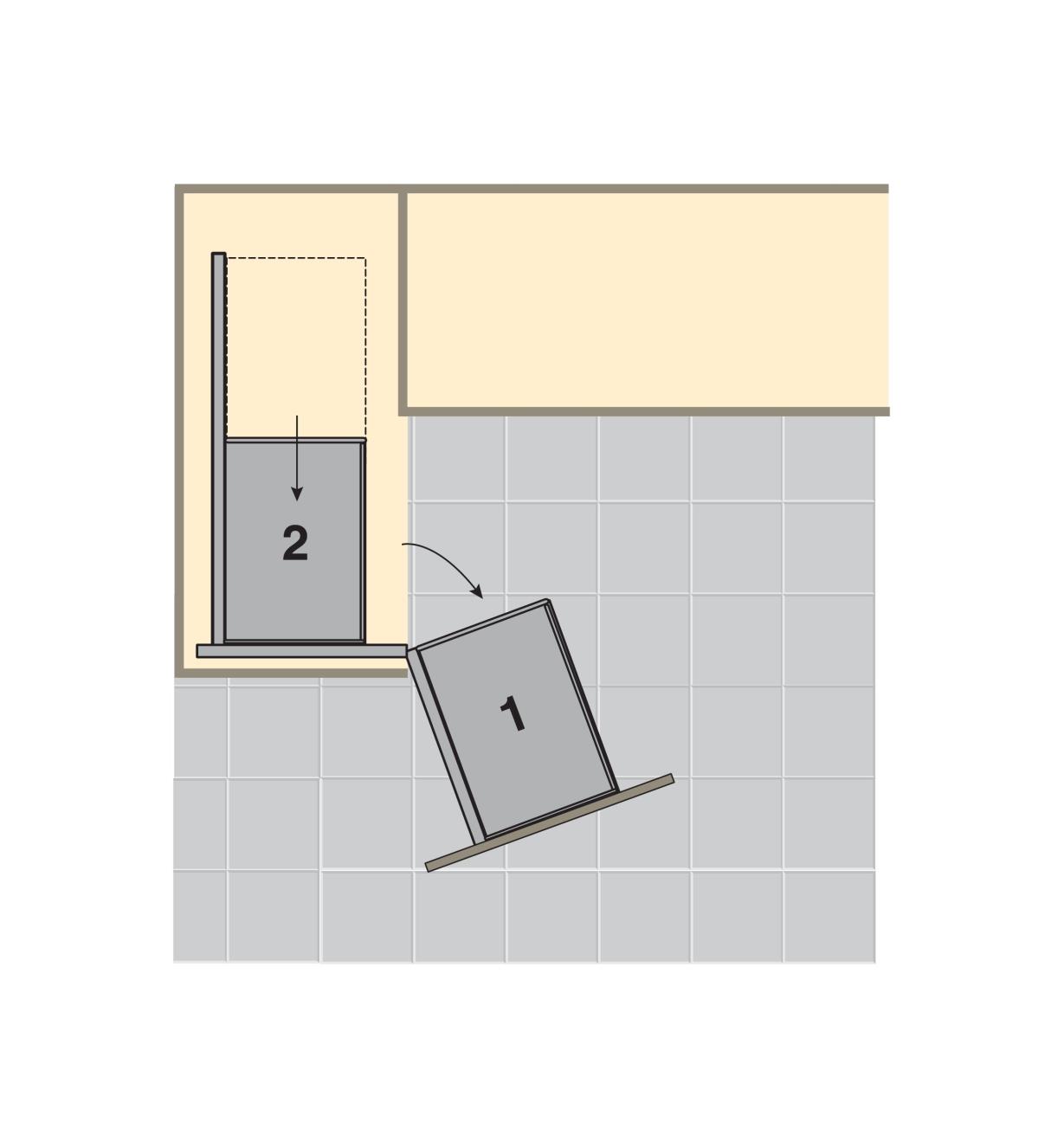 Top-view diagram shows installed blind-corner unit shelves moving as the cabinet door is opened