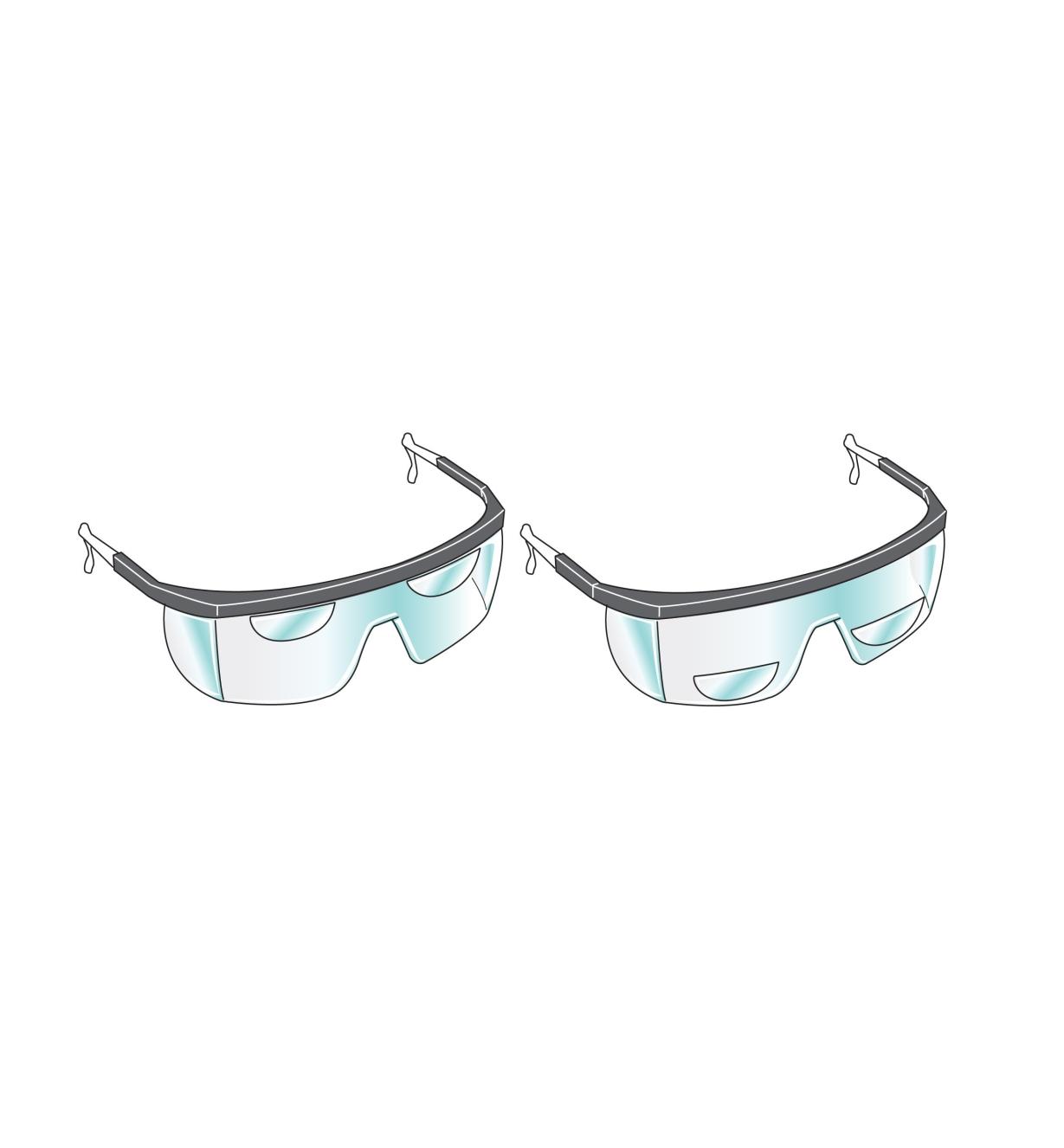 Illustrations show lenses applied to safety glasses in two different positions