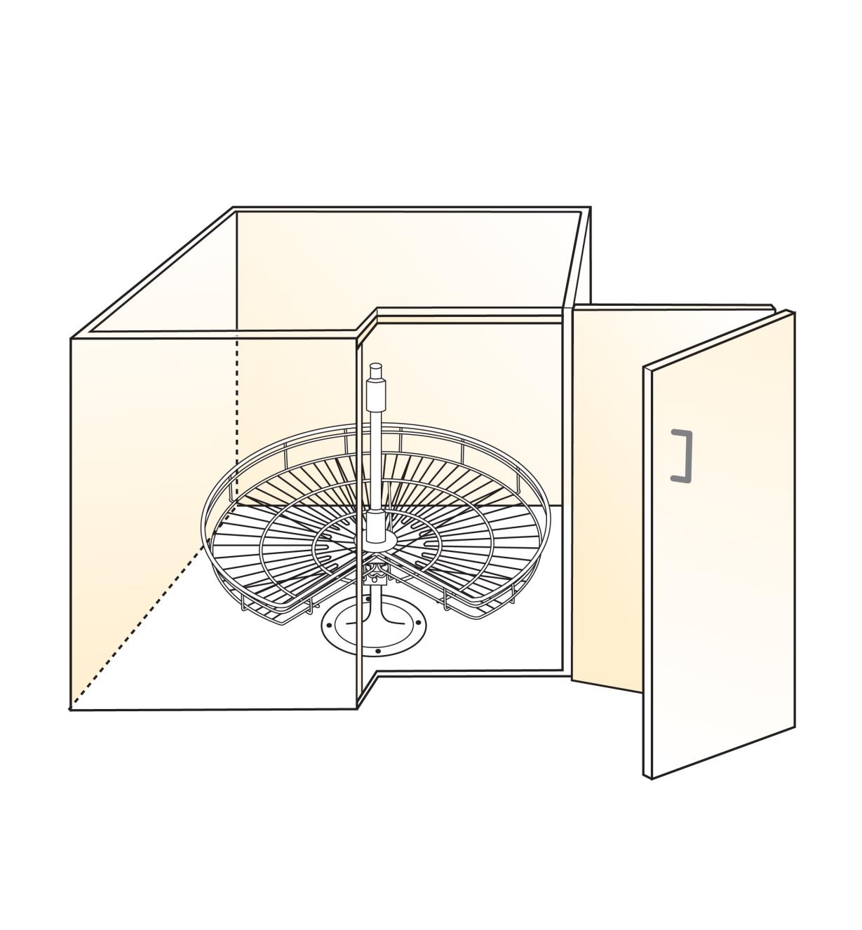 Illustration of 270° post-mount shelf installed in cabinet