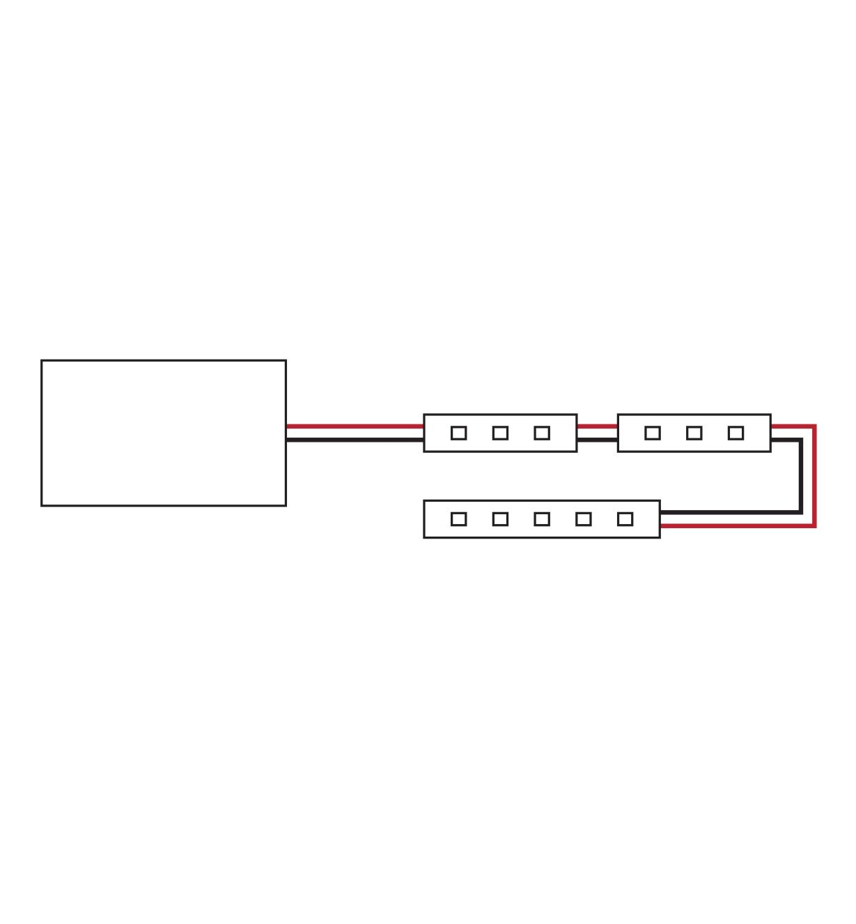 Diagram showing tape lights attached to power supply in a straight run configuration