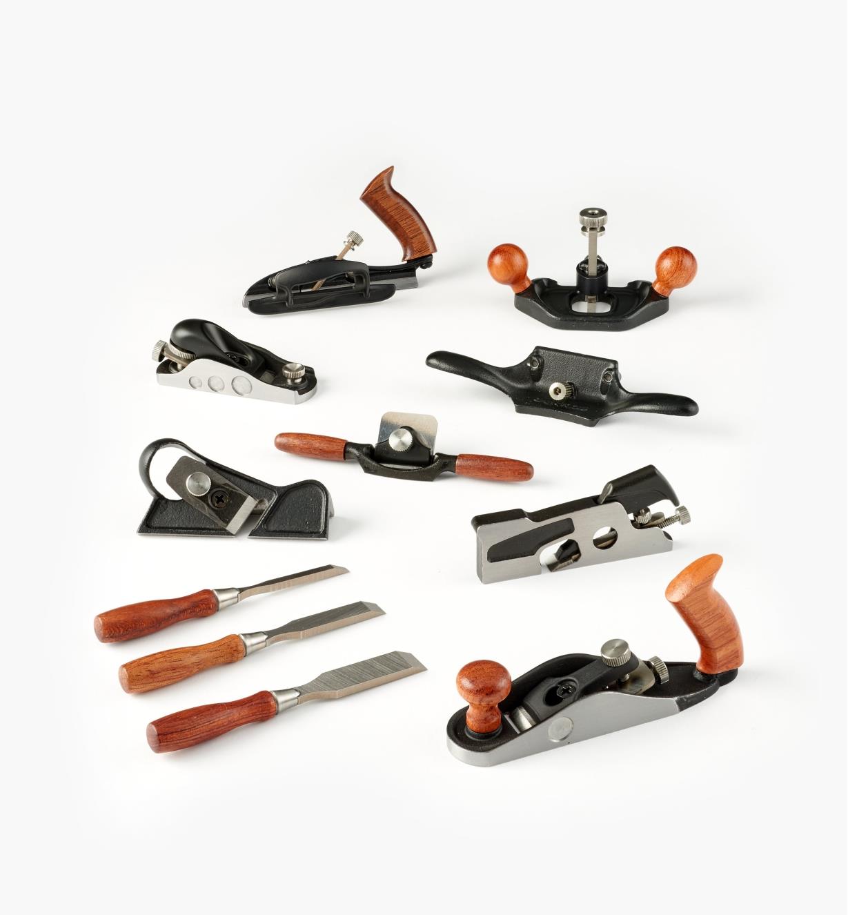 05P8268 - Ensemble complet de 9 outils miniatures Veritas (guillaume, rabot à épaulement, rabot de coupe, rabot d'atelier, guimbarde, vastringue, ciseaux à bois, racloir d'ébéniste, bouvet à approfondir)