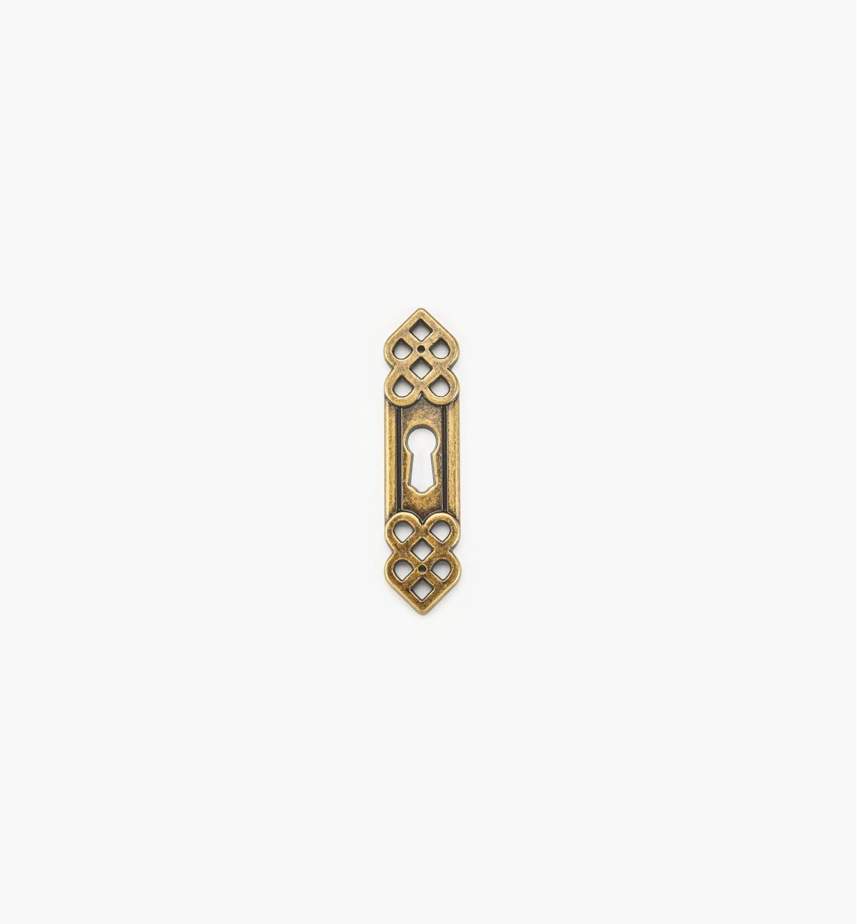 01A3020 - Entrée de serrure verticale ornée d'entrelacs et de perles de 3 1/2 po x 7/8 po, fini laiton antique