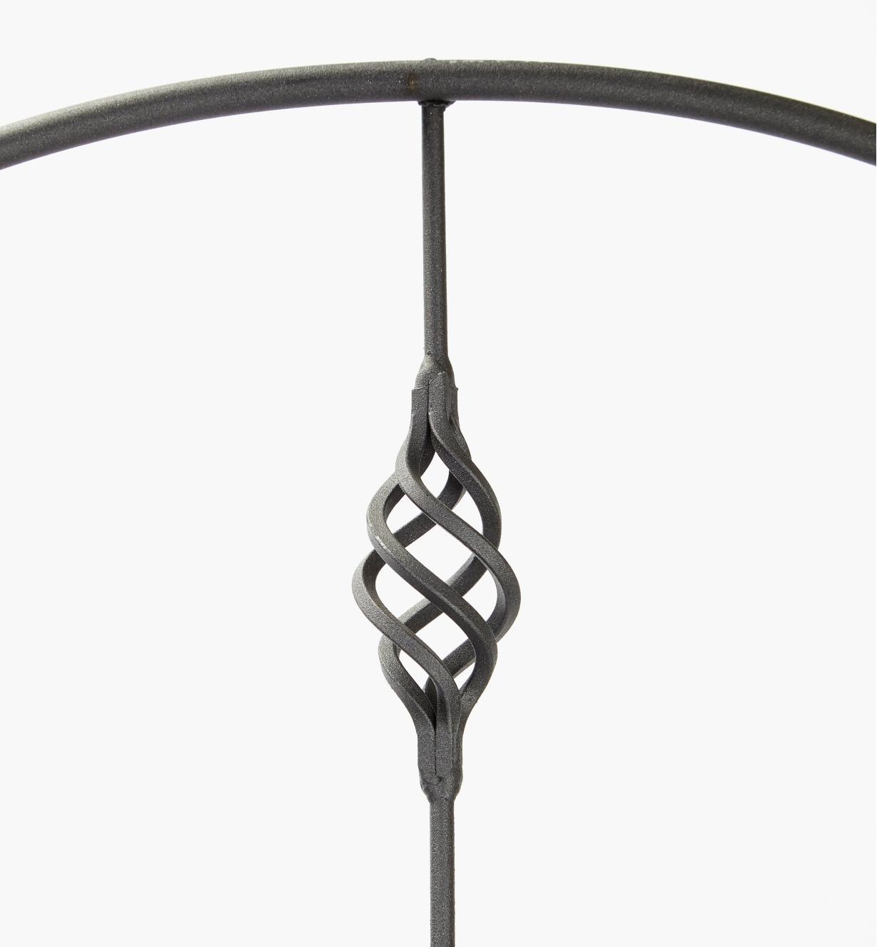Closer view of decorative twist on the Venetian garden trellis with matte pewter finish