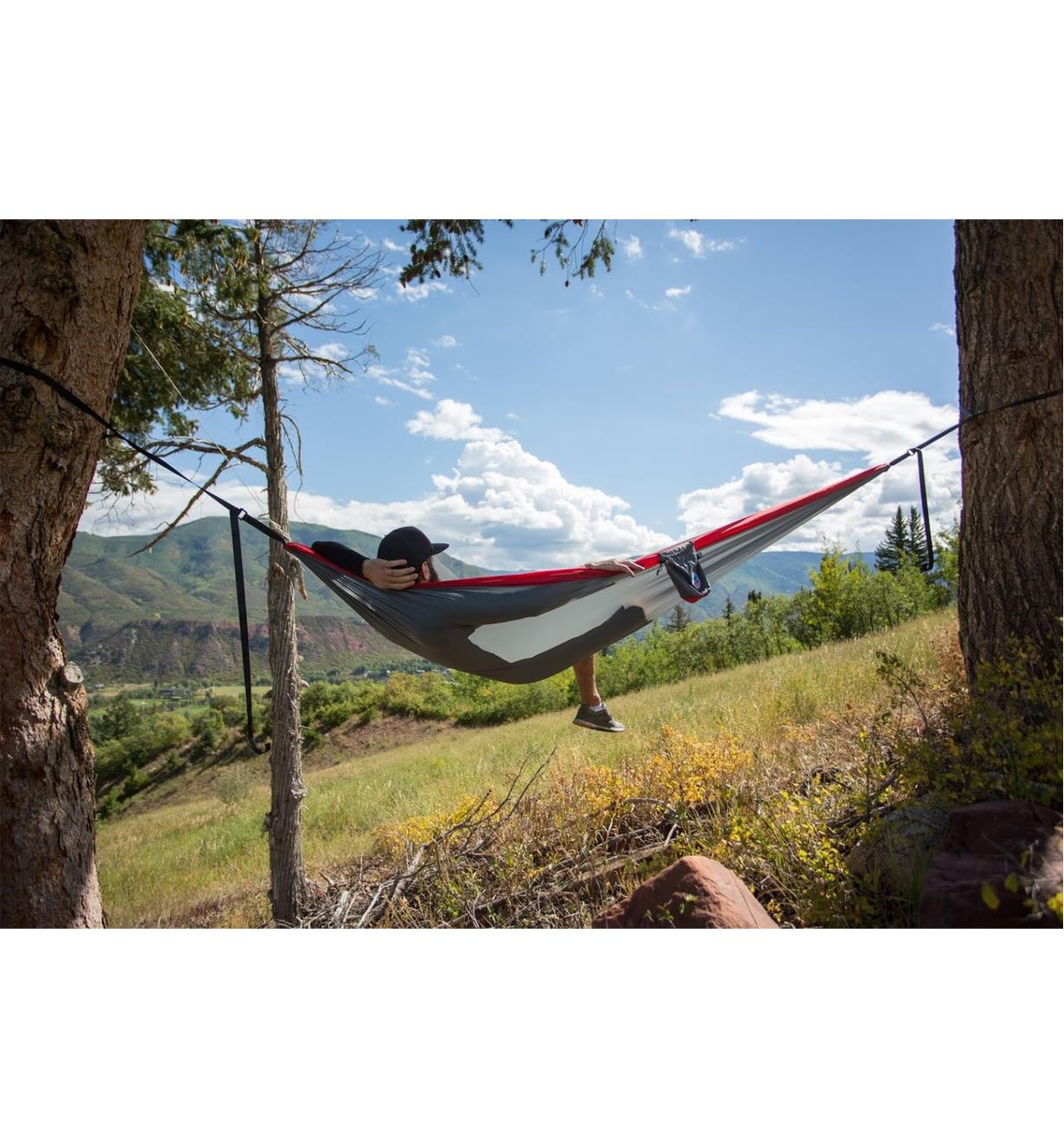 A person lying in a gray/red hammock hammock hung between two trees by a meadow
