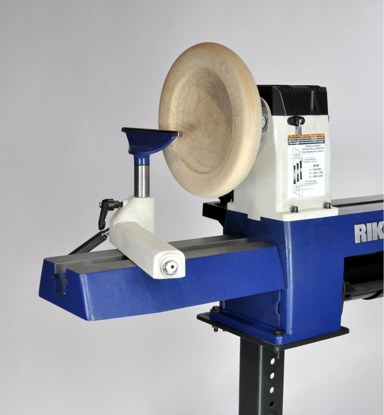 Rikon 70-150VSR Midi lathe with an optional bed extension, used for outboard turning of a large bowl