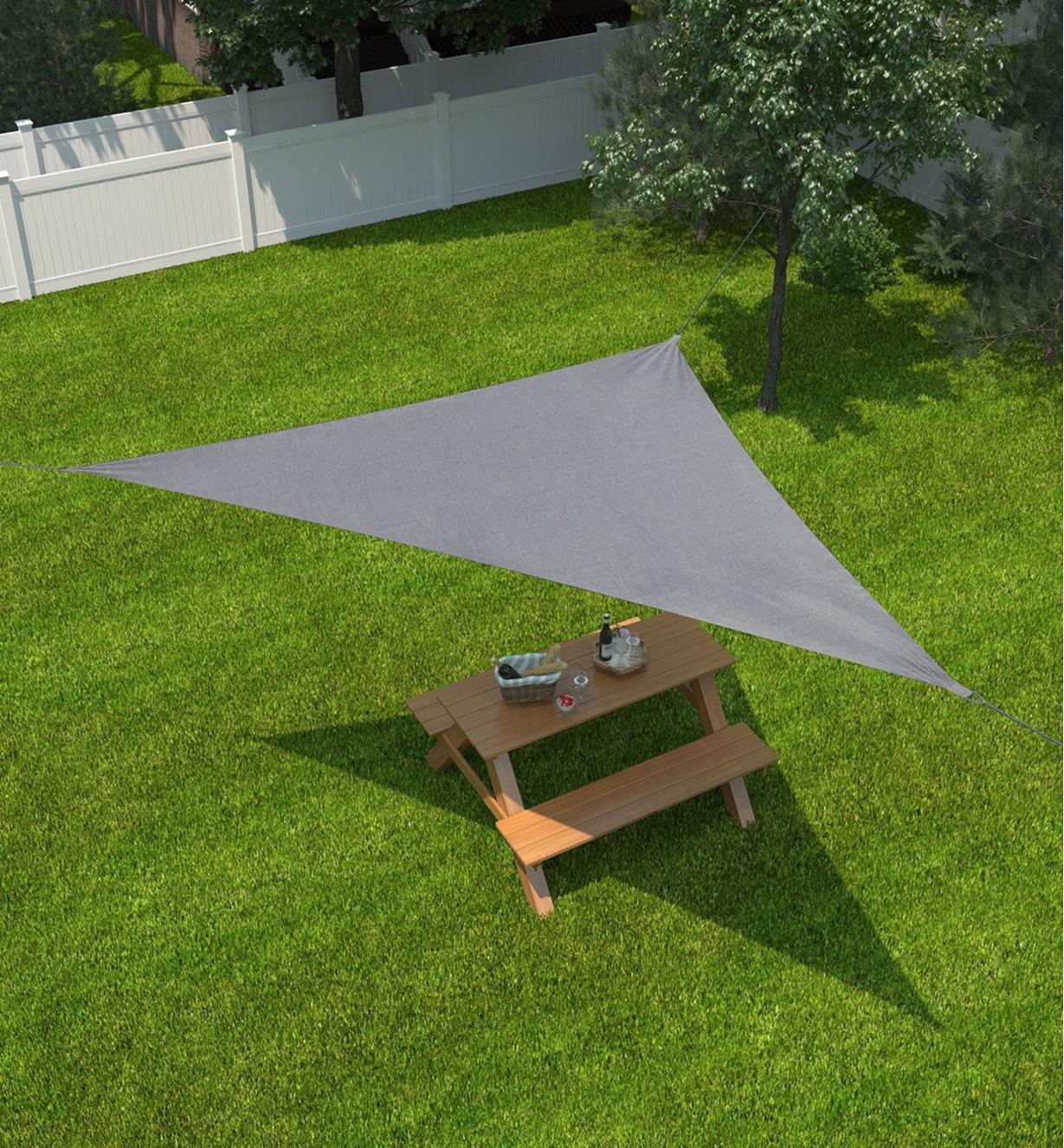 Overhead view of a triangle shade sail shading a picnic table