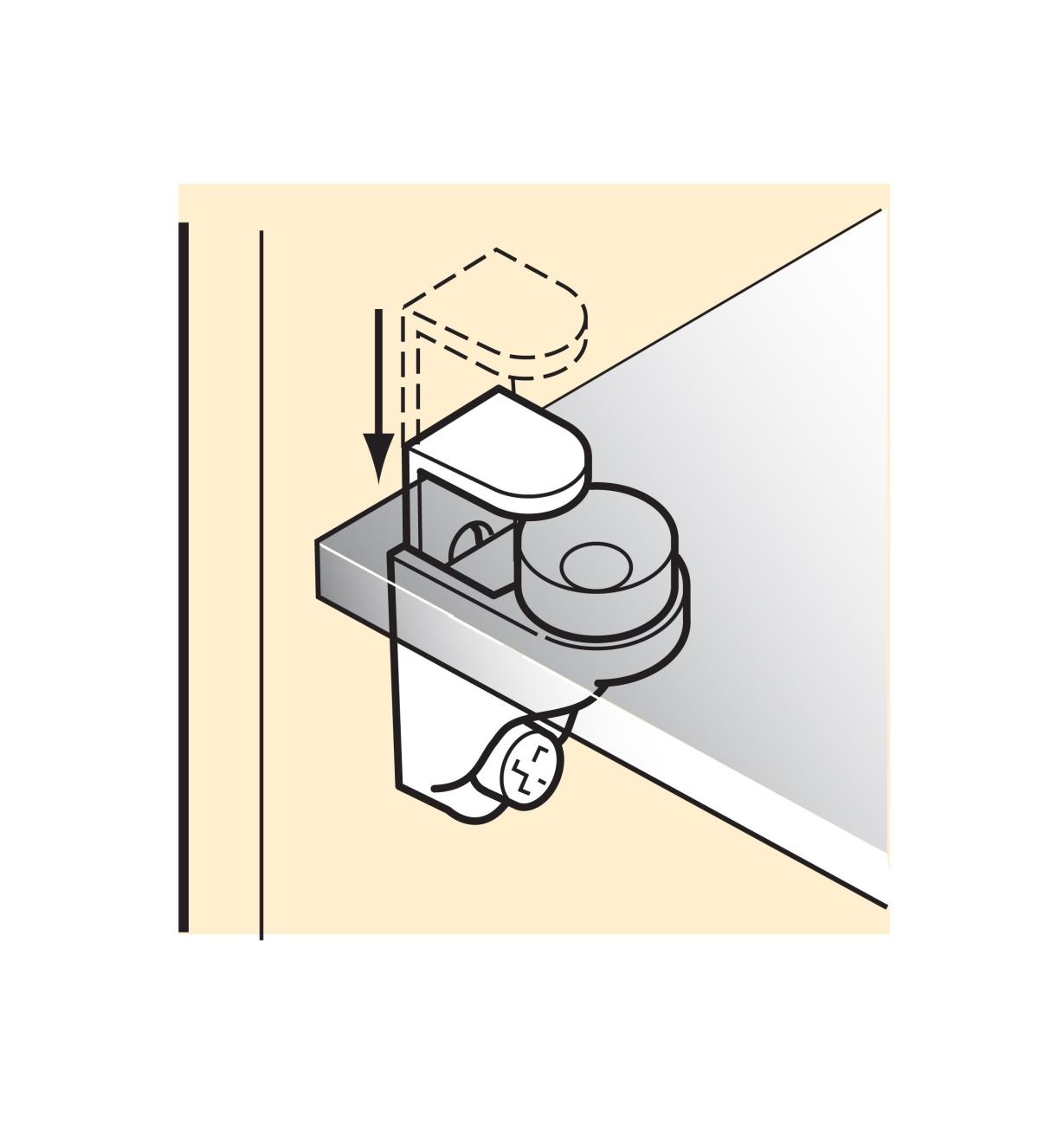 Illustration of shelf support clamping onto a glass shelf