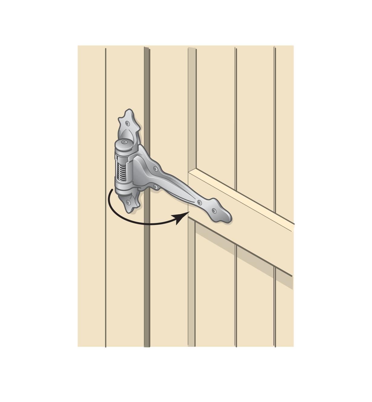 Illustration of 9" Tee Hinge mounted on a gate