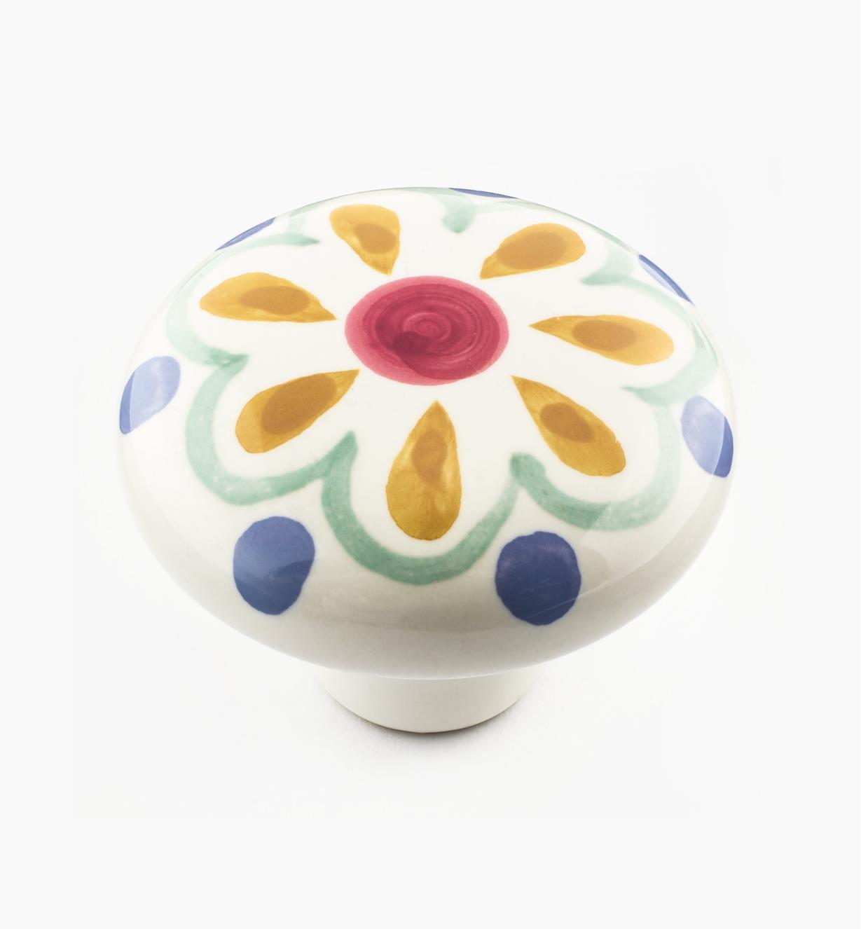 02W1505 - Bouton en céramique peint à la main, fleur ocre, 2 po