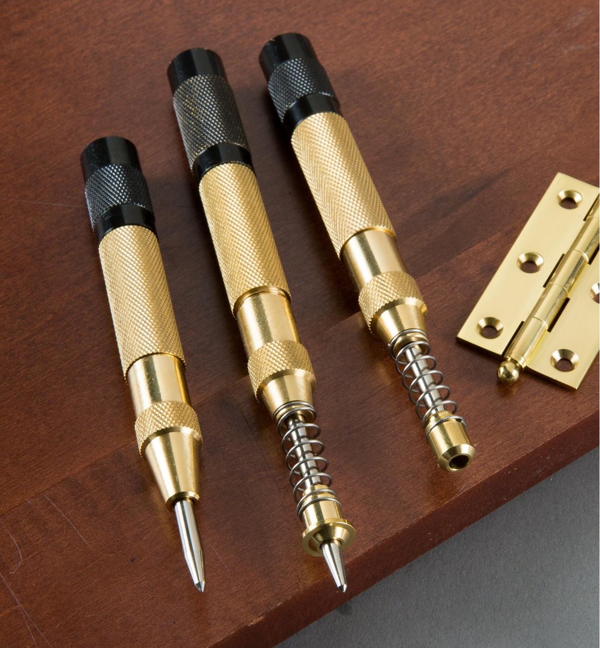 Awl Puncher with Cushion Cap,Hand Tool for Metal,Wood,Plastic 4 Pack Automatic Center Punch,Sweetfamily 5 inch Brass Spring Loaded Center Hole Punch with Adjustable Tension 