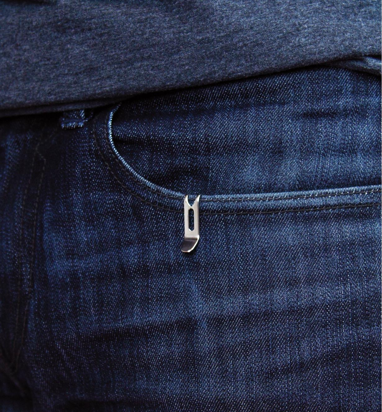 KeySmart Nano attached to a jeans pocket