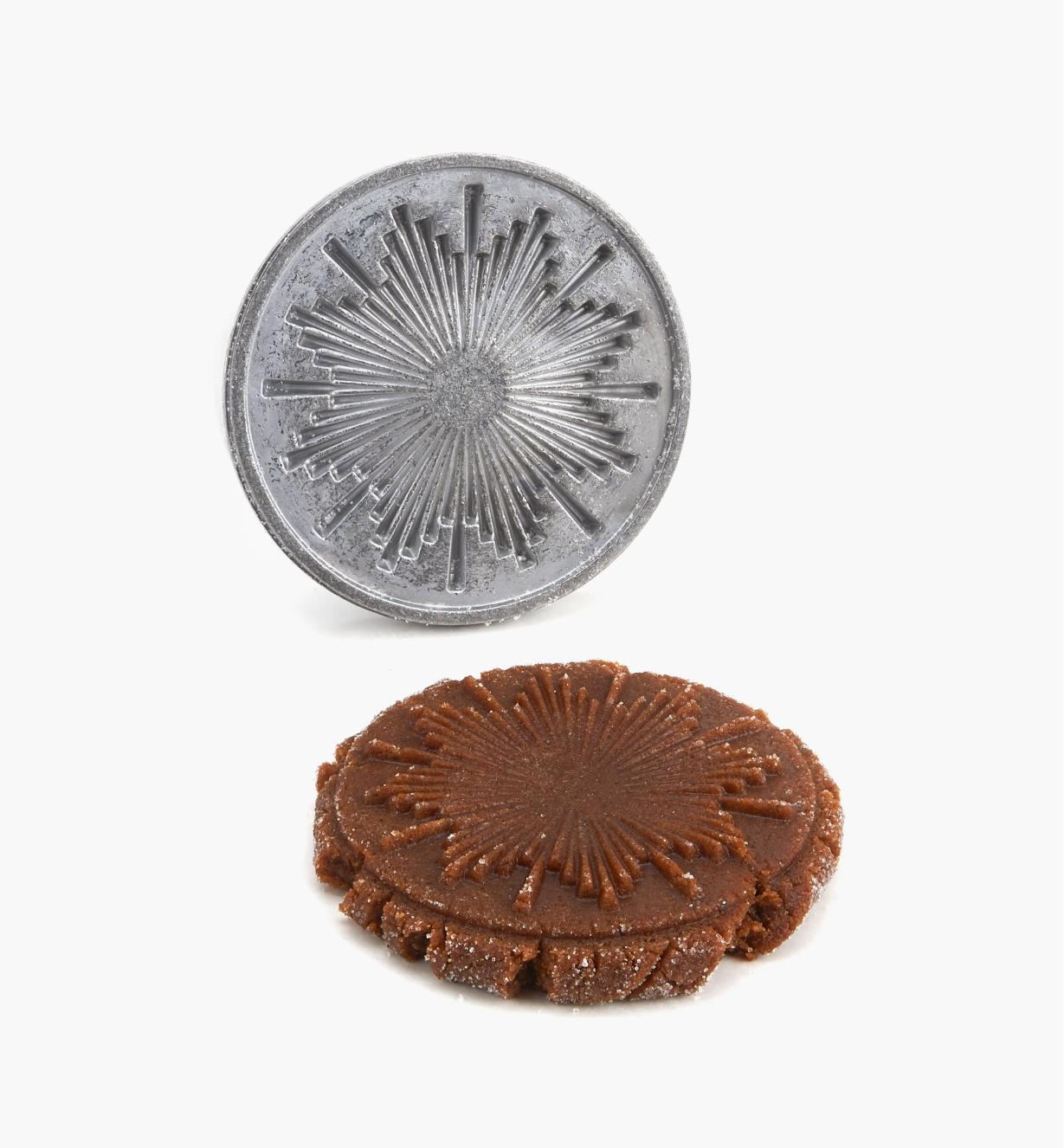 Sunburst stamp next to a cookie with the design stamped on it