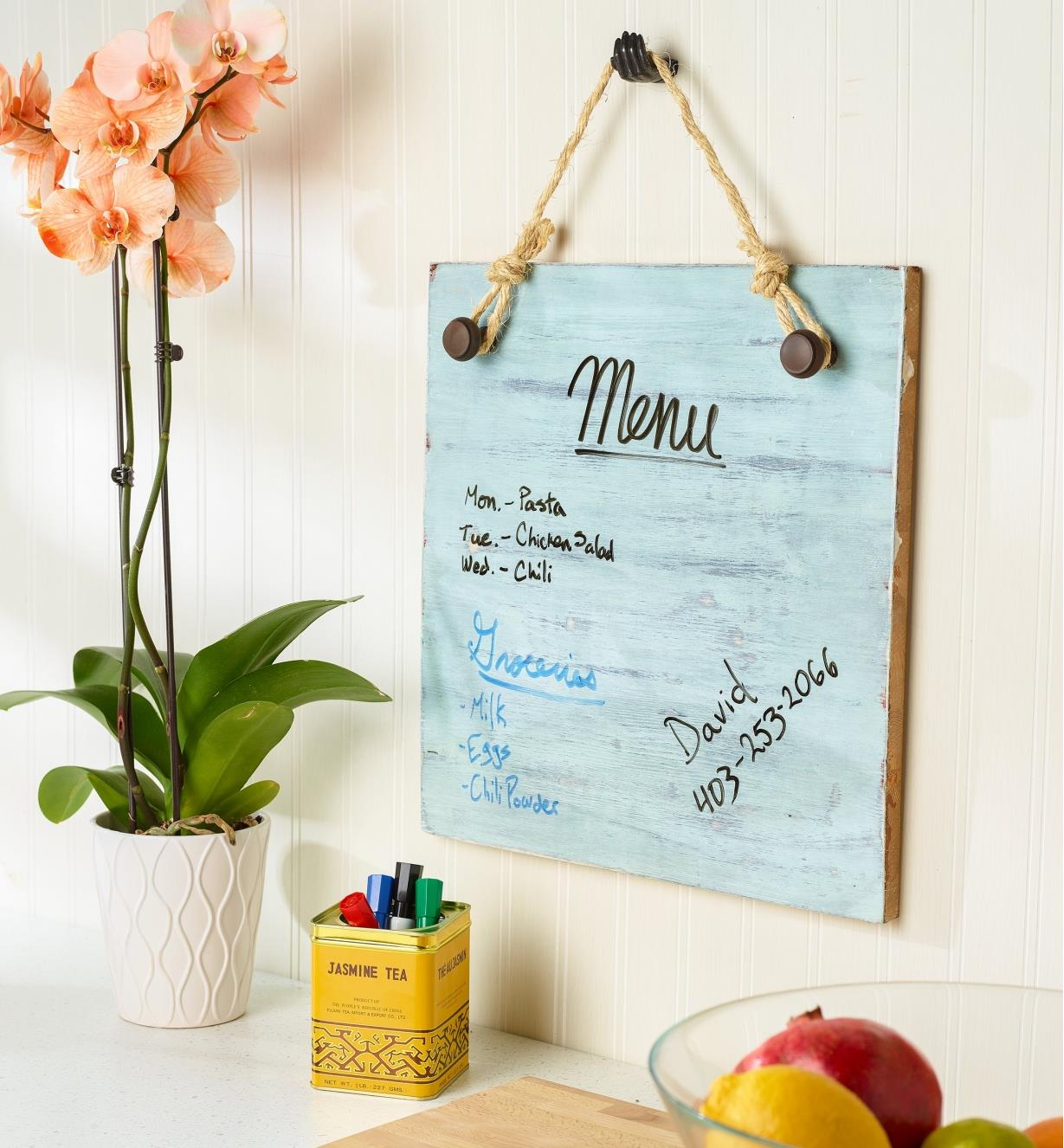 A hanging memo board created using the dry-erase surface kit 