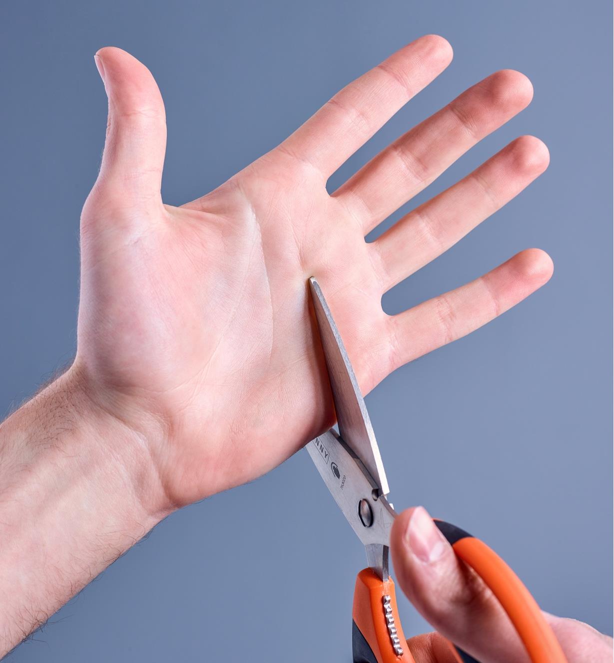 Closing the scissors around a person's hand to demonstrate that they won't cut skin