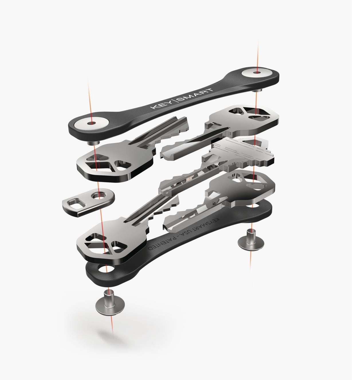 Exploded image of KeySmart holding five keys