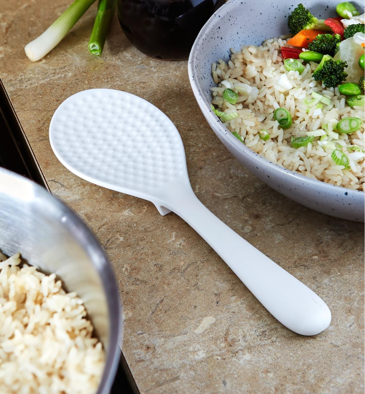 Rice Paddle sitting on a counter between a bowl of rice and a bowl of stir-fry