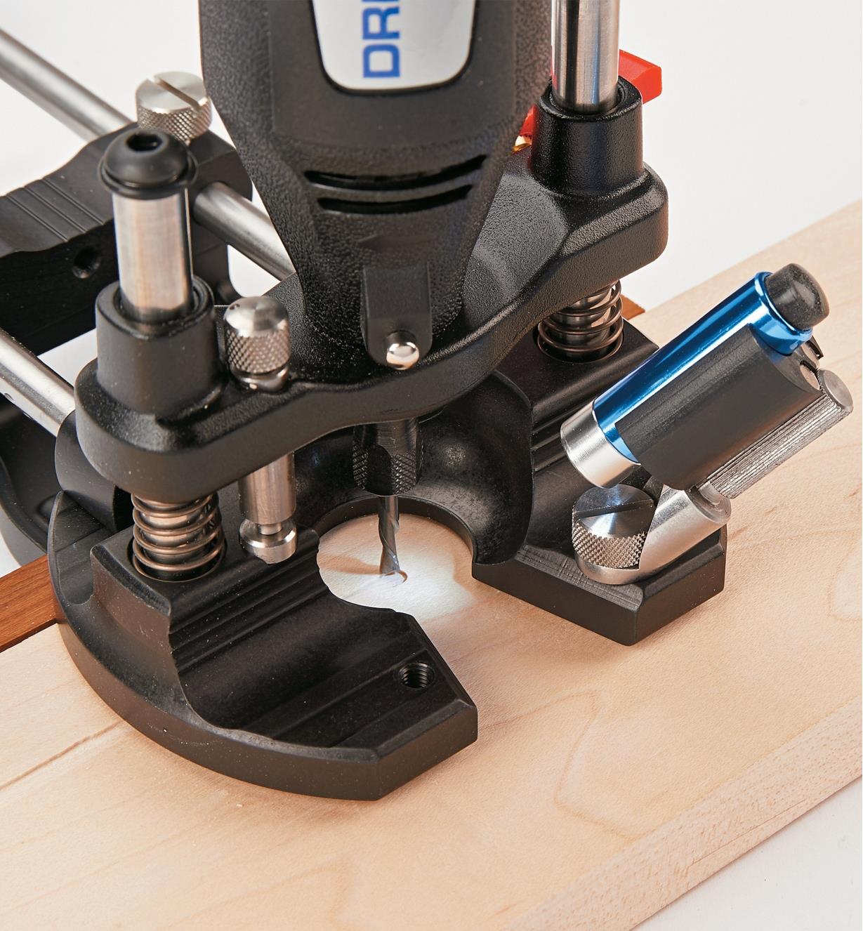 Task Light mounted to the Veritas Plunge Base being used with a rotary tool