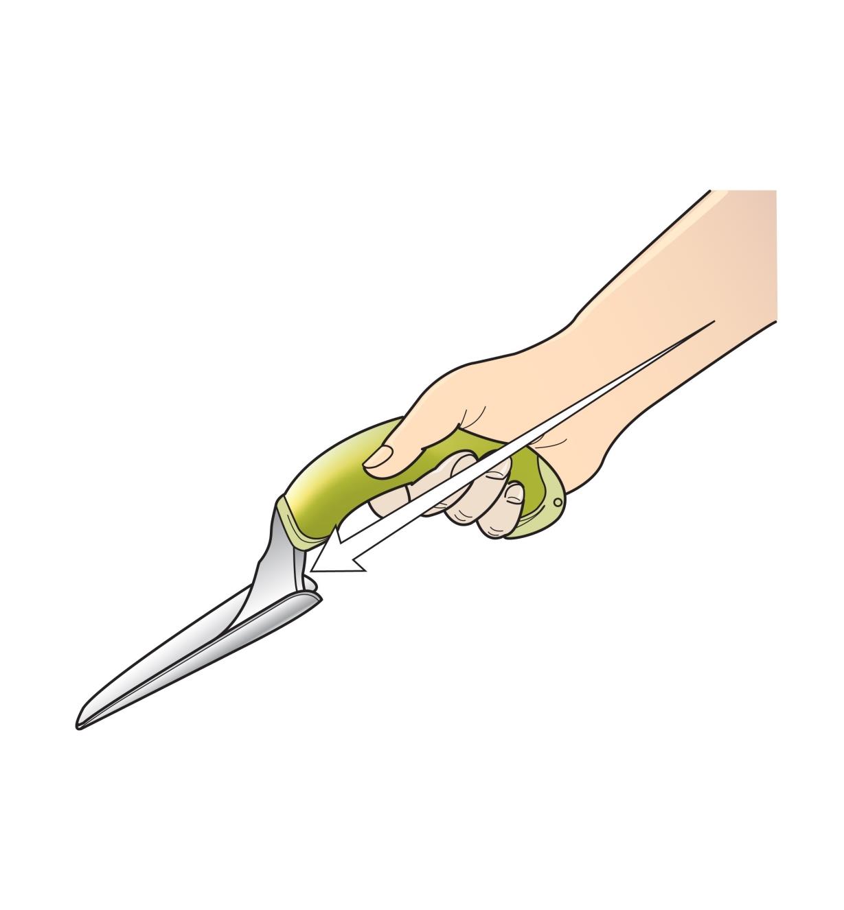 L'illustration montre la position du poignet lorsqu'on tient l'outil