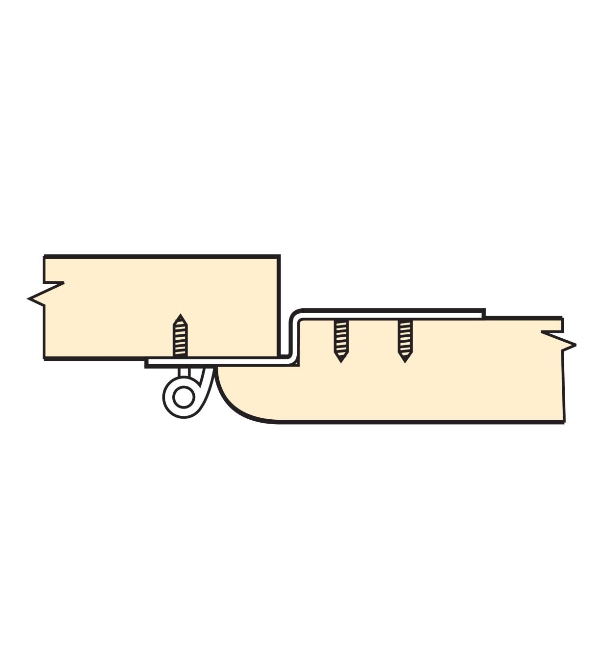Cutaway diagram of installed inset overlay semi-concealed hinge